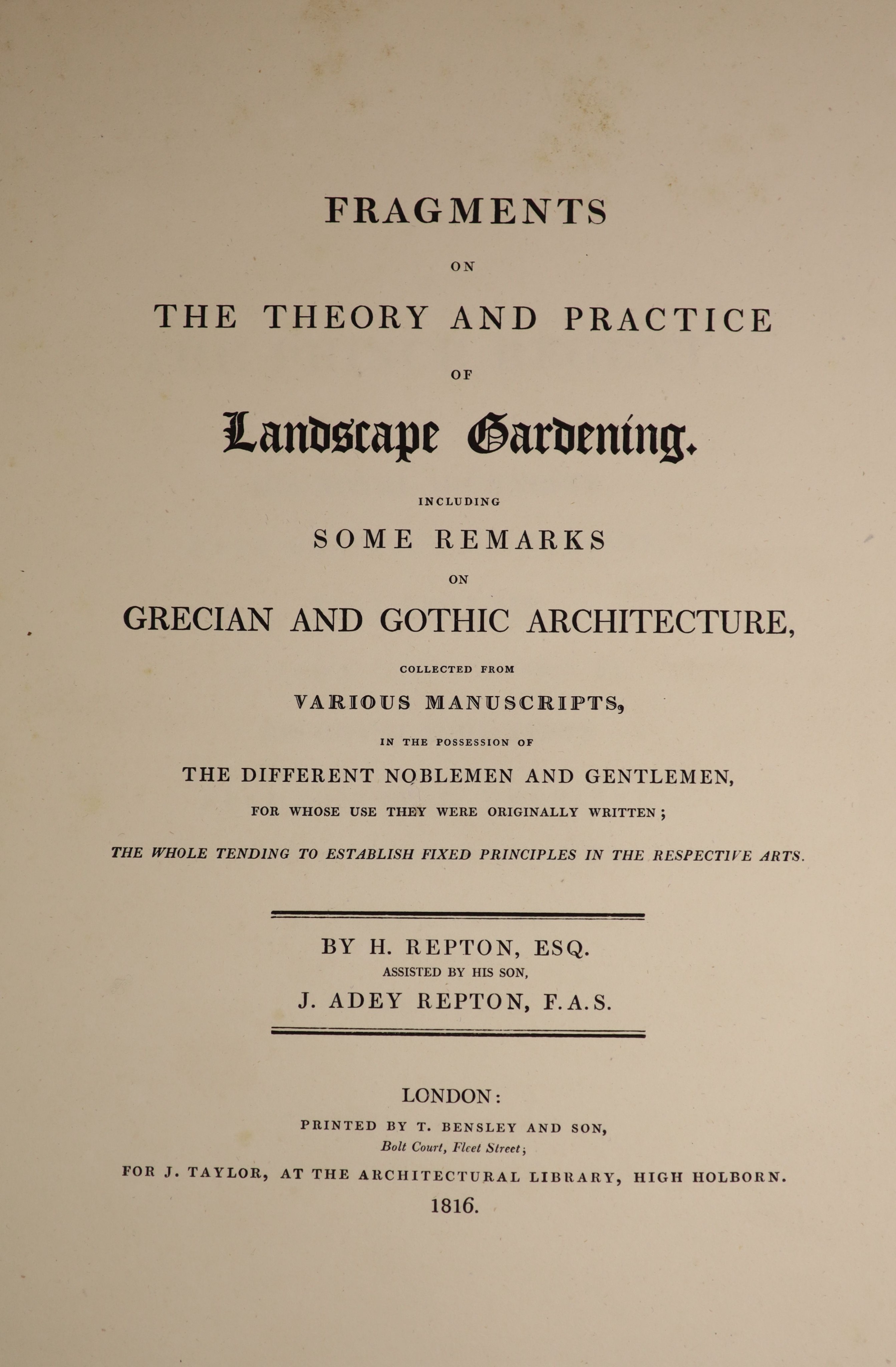 Repton, Humphry and John Adey - Fragments on the Theory and Practice of Landscape Gardening, qto, calf gilt, with 43 plates, comprising uncoloured woodcut plan, 21 hand-coloured aquatints, (of which 2 double-page, 8 with